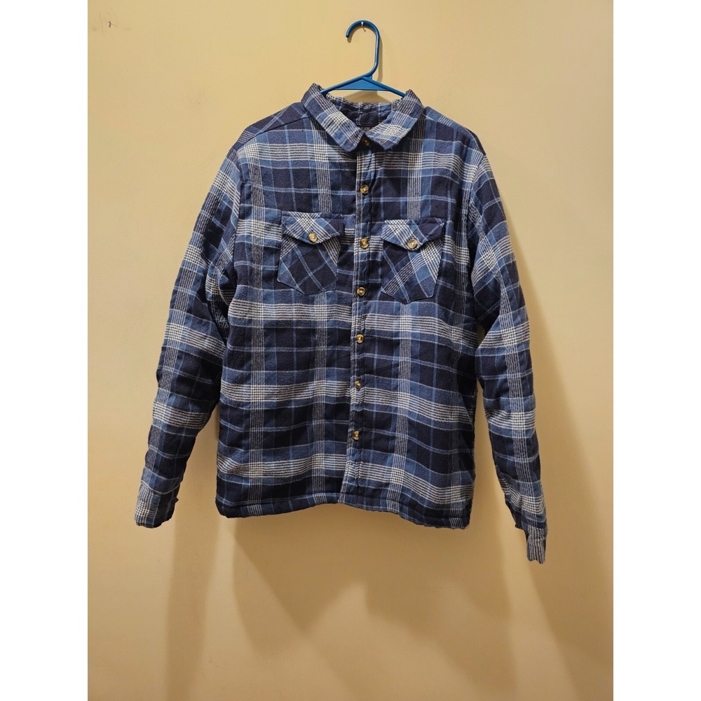 Open Trails Flannel Shirt Jacket Mens Medium Blue Plaid Quilted Lined Workwear
